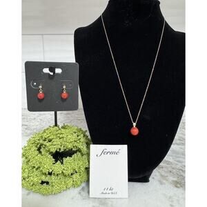 14k Gold Chain Coral Ball Bead Necklace & Earrings Set